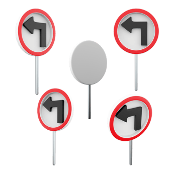 3d rendering Turn left road sign different positions icon set. 3d render road sign concept icon set. Turn left. png