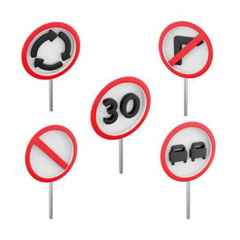 3d rendering roundabout, right turn prohibited, no parking, no overtaking, maximum speed limit 30 road sign icon set. 3d render road sign concept icon set. png