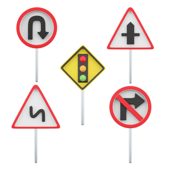 3d rendering U turn, intersection with a secondary road, traffic light regulation, dangerous turns, right turn prohibited road sign icon set. 3d render road sign concept icon set. png