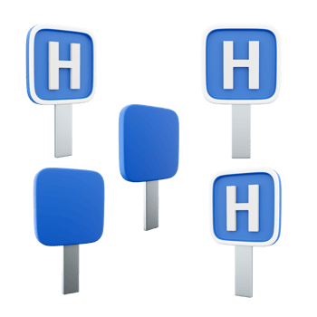 3d rendering hospital road sign different positions icon set. 3d render road sign concept icon set. Hospital. png
