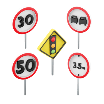 3d rendering prohibiting the passage of vehicles with a height of more than 3.5 meters, maximum speed limit 50, maximum speed limit 30, traffic light regulation, no overtaking road sign icon set. png