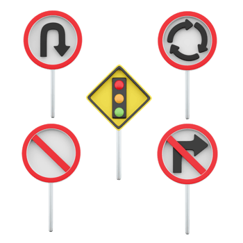 3d rendering U turn, roundabout, traffic light regulation, right turn prohibited, no parking road sign icon set. 3d render road sign concept icon set. png