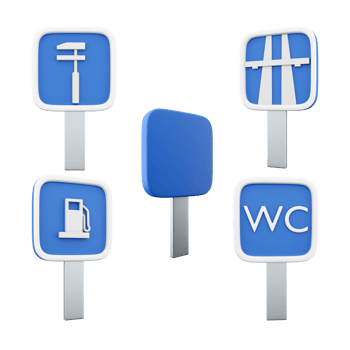 3d rendering motorway, gas station, toilet, Car maintenance road sign icon set. 3d render road sign concept icon set. png