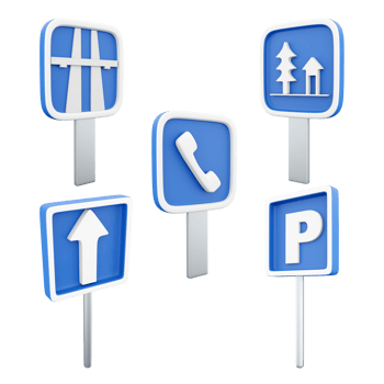 3d rendering one way, motorway, resting place, telephone, parking place road sign icon set. 3d render road sing concept icon set. png