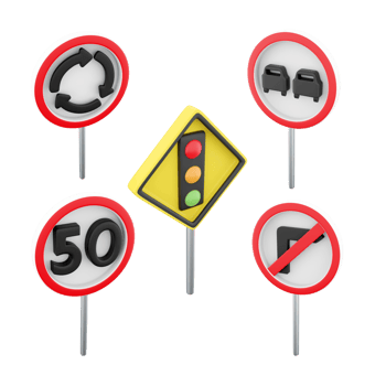3d rendering roundabout, traffic light regulation, no overtaking, right turn prohibited, maximum speed limit 50 road sign icon set. 3d render road sign concept icon set. png