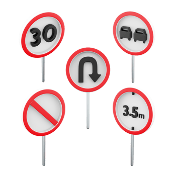 3d rendering maximum speed limit 30, U turn, no overtaking, prohibiting the passage of vehicles with a height of more than 3.5 meters, no parking road sign icon set. 3d render road sign concept icon. png