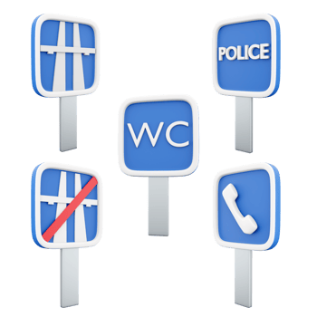 3d rendering motorway, end of motorway, police, toilet, telephone road sign icon set. 3d render road sign concept icon set. png