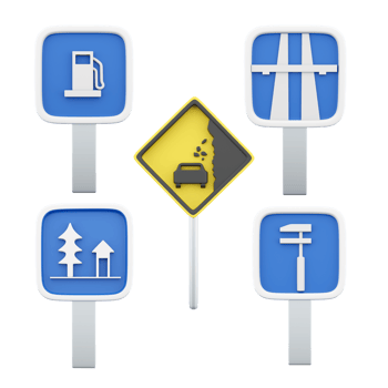 3d rendering gas station, motorway, falling stones, resting place, Car maintenance road sign icon set. 3d render road sign concept icon set. png