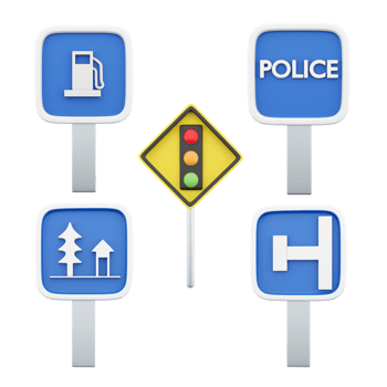 3d rendering gas station, traffic light regulation, police, resting place, dead end on the left road sign icon set. 3d render road sign concept icon set. png