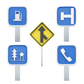 3d rendering minor road junction, gas station, dead end on the left, resting place, telephone road sign icon set. 3d render road sign concept icon set. png