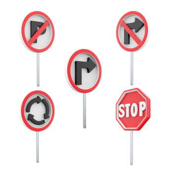3d rendering paking ban, right turn prohibited, roundabout, Movement without stopping is prohibited, turn right road sign icon set. 3d render road sign concept icon set. png