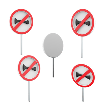3d rendering Sound signal is prohibited road sign different positions icon set. 3d render road sign concept icon set. Sound signal is prohibited. png