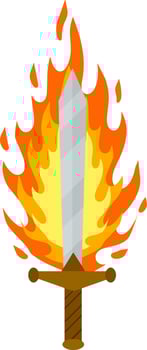 Fiery sword. Magic weapon of knight, sorcerer, magician. Fire spell. Burning blade. The medieval element of game. Dangerous hotter the flames. vector