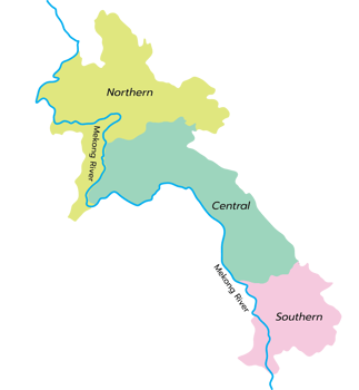 Laos map with Mekong river and three regions png