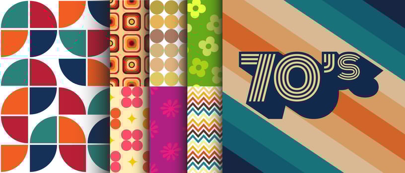 Collection of Seamless Patterns in 70's style, Boogie decade, retro graphics, vintage set of fabrics for apparel, fashion designs vector
