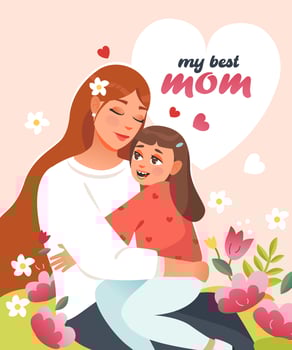 Mother's Day. Mother and daughter hug. A postcard for the best mom.  Cartoon vector illustration