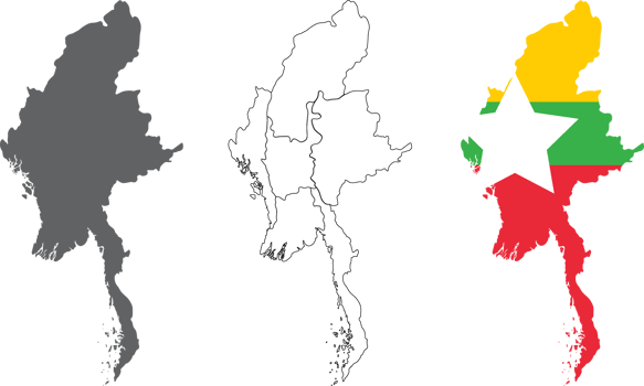 Myanmar map set with grey and flag inside on transparent background png