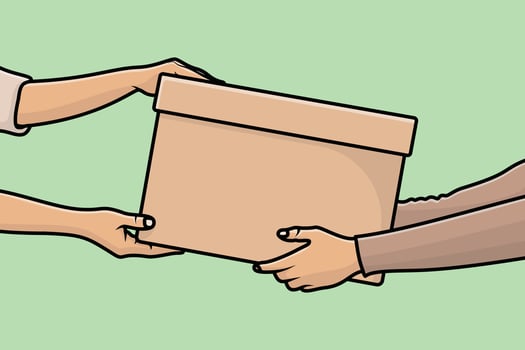 Volunteer giving a donate box to the Recipient vector illustration. World charity day concept. Hands holding box icon logo design. Food donation concept. Charity, food donation for needy people.