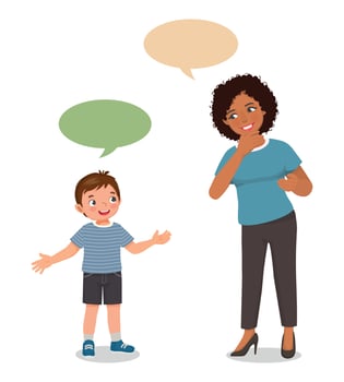 Young African woman talking to cute little boy having conversation with speech bubbles vector