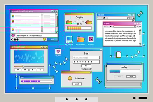 The screen of an old retro PC in the y2k style. Retro wave and vaporwave background. Bright vintage computer interface vector