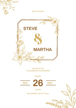 Minimalist wedding invitation template with gold hand drawn leaves and flowers decoration vector