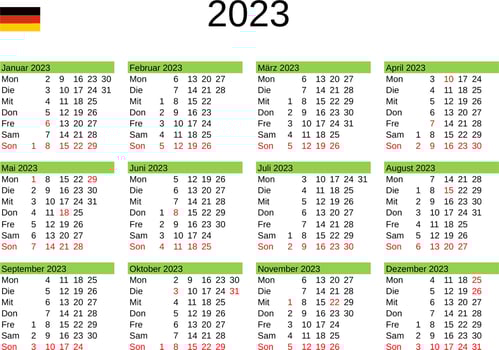 year 2023 calendar in German with Germany holidays vector
