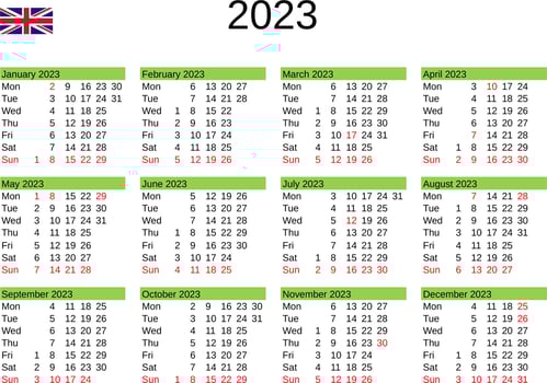 year 2023 calendar in English with United Kingdom holidays vector