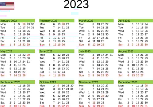 year 2023 calendar in English with United States holidays vector
