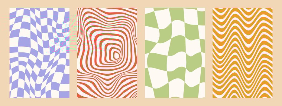 Set of Abstract psychedelic backgrounds, optical illusion. Wavy swirly pattern. 70s Retro pattern groovy trippy. Seventies Style. Striped background for fabrics, paper, packaging. Vector Illustration
