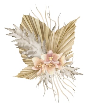 Floral composition with dried Flowers in Boho style. Bohemian watercolor hand drawn illustration on isolated background with palm leaves and orchids. Bouquet in pastel colors for wedding invitations vector