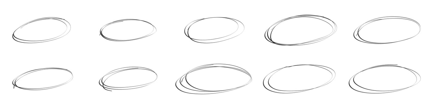 Highlight oval circle frames. Doodle hand drawn pencil lines. Round brush mark. Vector isolated illustration