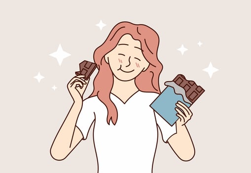 Happy girl smiles and eats delicious chocolate. A joyful woman enjoys a treat and feels great. Vector flat illustration