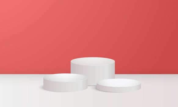 Minimal 3d display product minimal scene with geometric podium platform collection. Modern white circle pedestal podium with empty room and red background. Stand to show cosmetic products vector