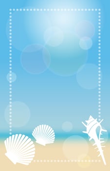 Vector Summer Beach Background With Blue Sky, Sandy Beach, And Shellfishes.