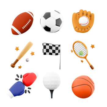 3d rendering rugby, football, baseball bat and glove, racing flag, tennis racket, racing flag, boxing, golf, basketball icon set. 3d render sport conception icon set. png