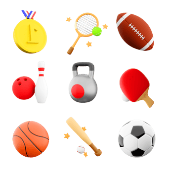3d rendering gold medal, tennis racket, rugby, baseball bat, table, basketball, football, sports kettlebell, bowling and skittles icon set. 3d render sport conception icon set. png