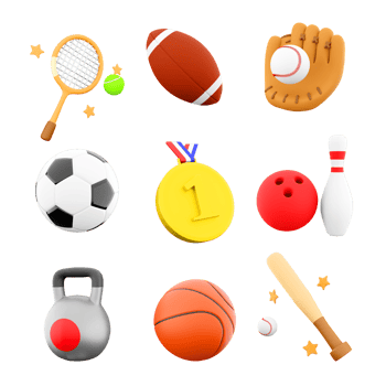 3d rendering gold medal, tennis racket, rugby, baseball bat and glove, basketball, football, sports kettlebell, bowling and skittles icon set. 3d render sport conception icon set. png