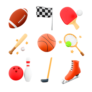 3d rendering rugby, racing flag, table tennis, baseball bat, basketball, tennis racket and ball, bowling and skittles, hockey, ice skate icon set. 3d render sport conception icon set. png