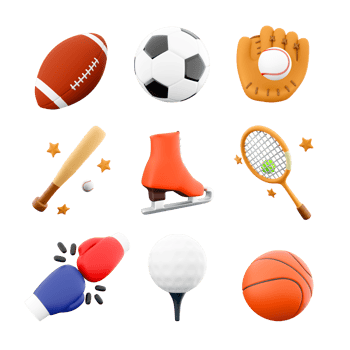 3d rendering boxing, rugby, football, baseball bat and glove, ice skate, tennis racket, golf, basketball icon set. 3d render sport conception icon set. png