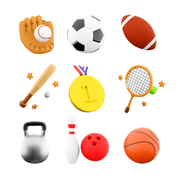 3d rendering gold medal, football, rugby, baseball bat and glove, tennis racket, sports kettlebell, basketball, bowling and skittles icon set. 3d render sport conception icon set. png