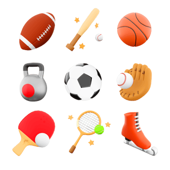 3d rendeing rugby, baseball bat, basketball, sport kettlebell, football, glove, table tennis, tennis, ice skate icon set, 3d render sport conception icon set. png