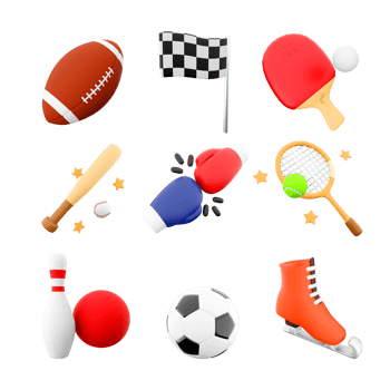 3d rendering rugby, football, racing flag, table tennis, baseball bat, boxing, tennis racket, bowling and skittles, football, ice skate icon set. 3d render sport conception icon set. png