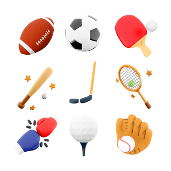 3d rendering rugby, football, table tennis, tennis racket, baseball bat and glove, hockey, boxing, golf icon set. 3d render sport conception icon set. png