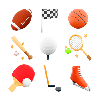 3d rendering rugby, race flag, basketball, baseball, bat, golf, tennis, racket, table tennis, hockey, ice skate icon set. 3d render sport conception icon set. png
