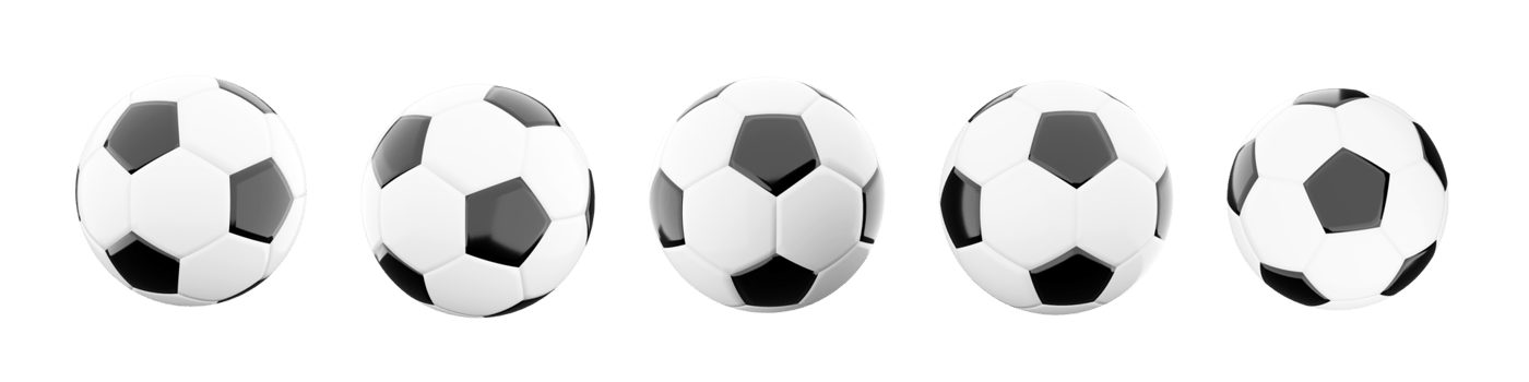 3d rendering black and white classic soccer ball icon set. 3d render players try to kick the ball into the opponent's goal with kicks different positions icon set. png