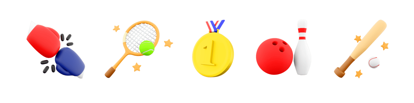 3d rendering baseball bat, tennis racket and ball, gold medal for first place, bowling ball and skittles, boxing gloves icon set. 3d render sport conception icon set. png