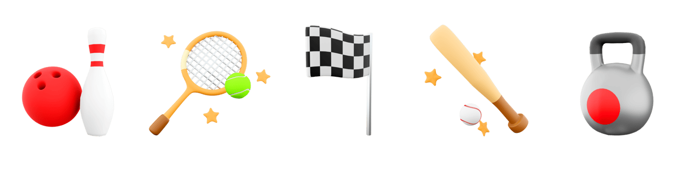 3d rendering baseball bat, tennis racket and ball, bowling ball and skittles, racing flag, sports kettlebell icon set. 3d render sport conception icon set. png