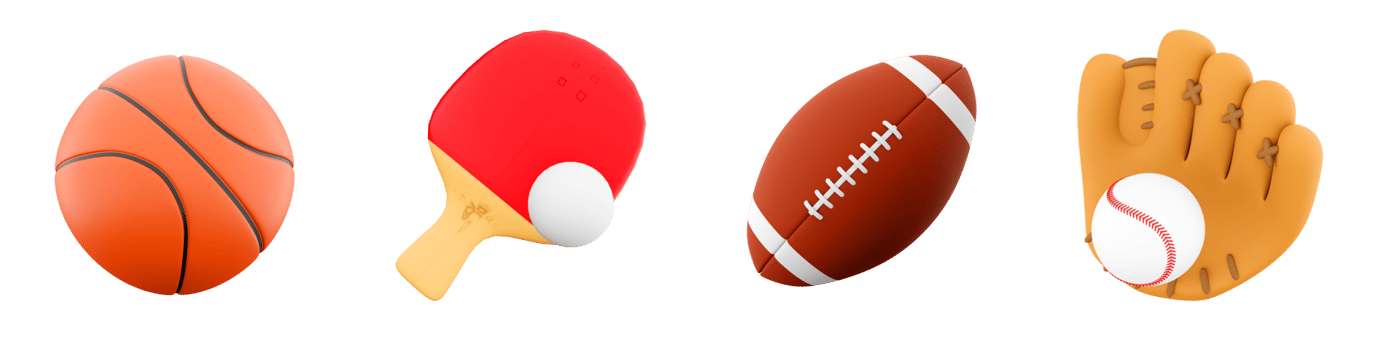 3d rendering baseball glove, basketball, table tennis, rugby icon set. 3d render sport competition icon set. png