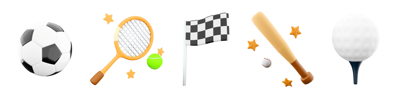 3d rendering baseball bat, tennis racket and ball, racing flag, golf, football icon set. 3d render sport conception icon set. png