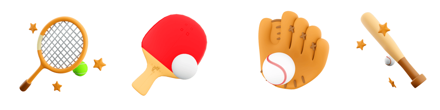 3d rendering baseball glove and bat, tennis racket and ball, table tennis icon set. 3d render sport conception icon set. png